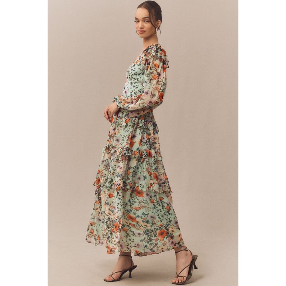 BHLDN Floral Chiffon Plunge Long-Sleeve Ruffle Maxi Dress Size US S - Picture 2 of 12